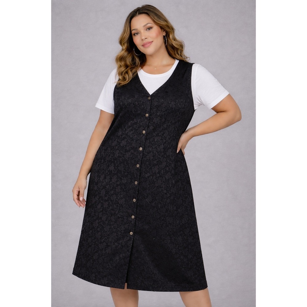 VTG Plaza South Woman Jumper Dress 18W Black Floral Jacquard Button Modest Layer